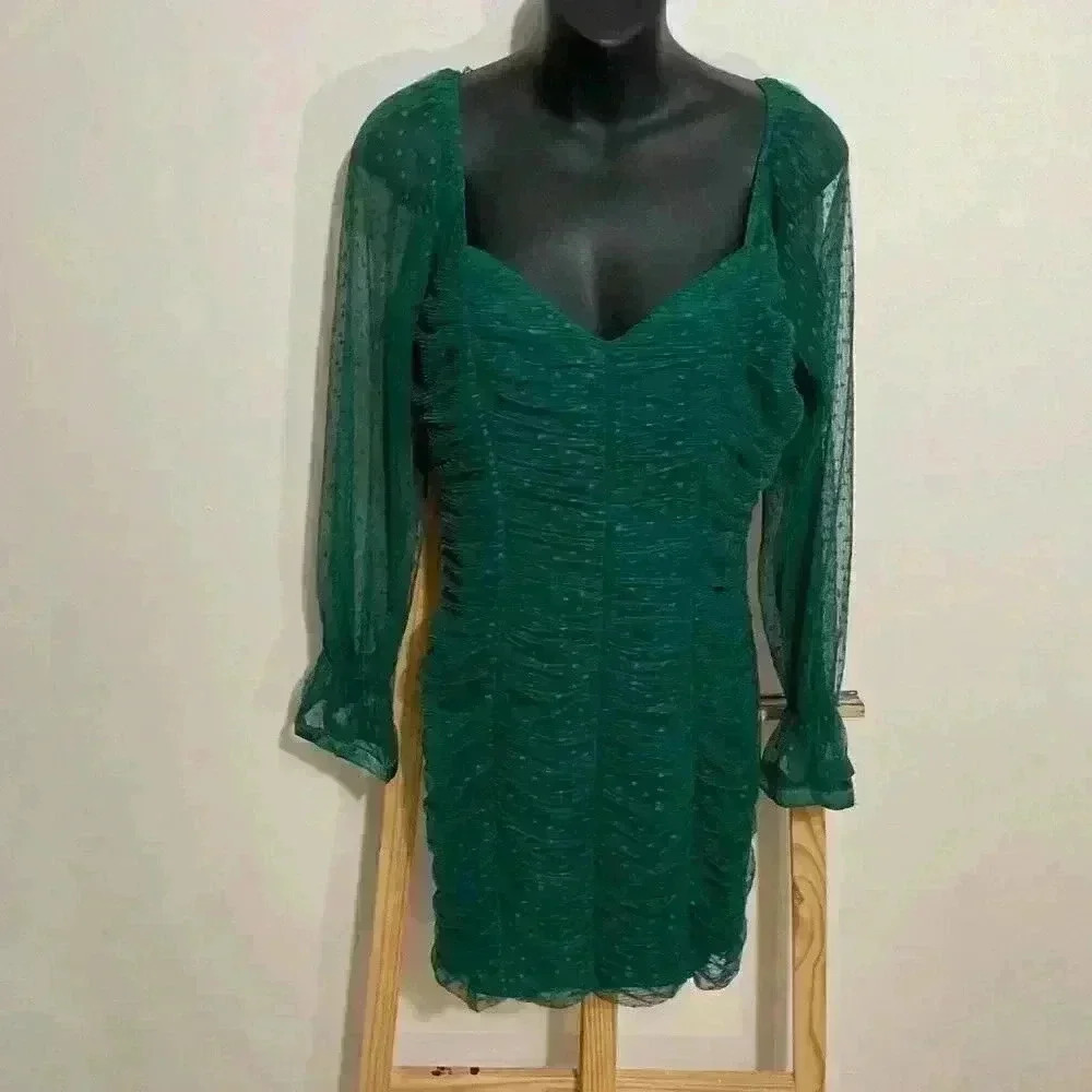Haute Monde, Mini dress Green, Ruched Mesh Long Sleeve, Size Large